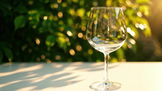 Abstract motion background of blurred green foliage and sunlight shimmering through wine bottle glass on a white backdrop creating moving bokeh overlay, modern, corporate
