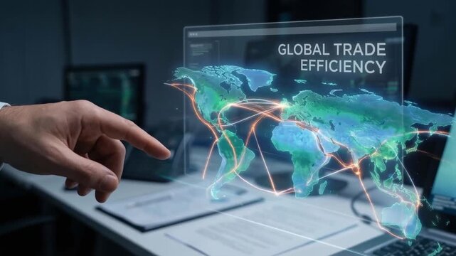 innovation driven efficiency model concept. Interactive digital map showcasing global trade efficiency.