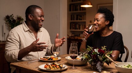 Happy Black couple laughing and talking while enjoying an intimate dinner party at home in a warmly lit, cozy dining room.