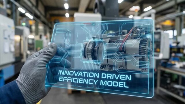 innovation driven efficiency model concept. A hand holds a transparent model displaying a tech design in a factory.