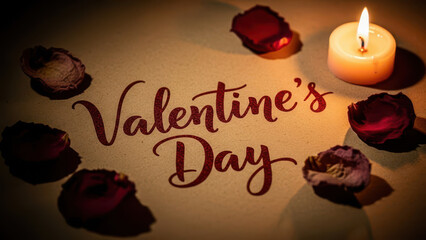 Handwritten Valentine Day Message with Rose Petals and Candlelight