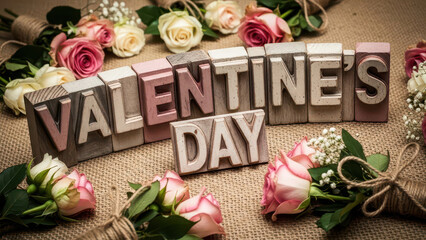 Wooden Valentine Day Lettering Decor with Roses and Floral Arrangement on Burlap