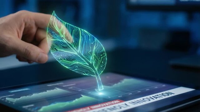 innovation driven efficiency model concept. Digital hand touching a holographic leaf on a tablet screen.