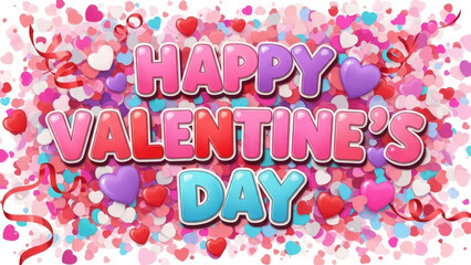 Colorful Valentine Day Celebration Message with Hearts and Confetti Background