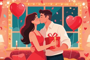 Couple kissing in cozy room with heart balloons, confetti, and red gift box in romantic setting.