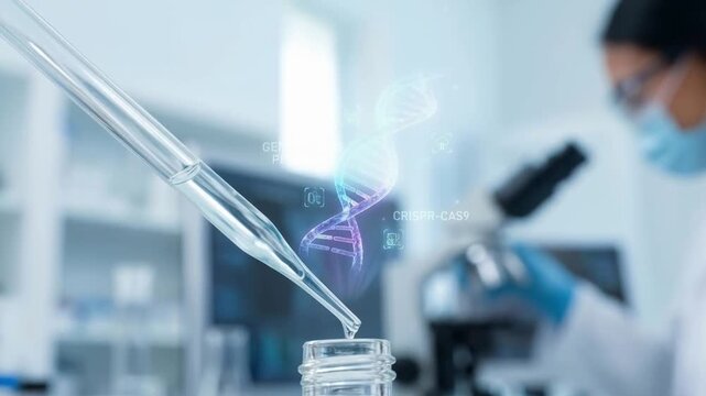 innovation driven efficiency model concept. Laboratory scene featuring DNA editing with a pipette and graphic overlay.