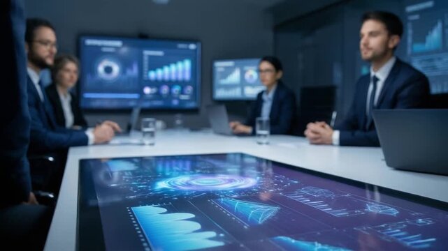 innovation driven efficiency model concept. Futuristic business meeting with digital interface and graphs.