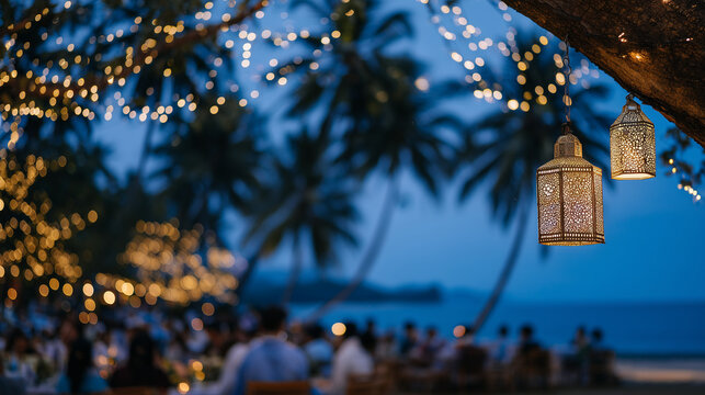 Cinematic wide-angle view of faceless family enjoying iftar under a tree, hanging lanterns illuminating the scene, palm trees framing the composition, night sky glowing with ambien