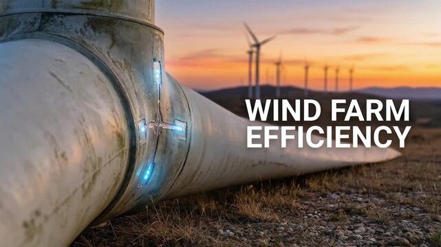 innovation driven efficiency model concept. Wind farm pipeline under sunset with turbines in the background.