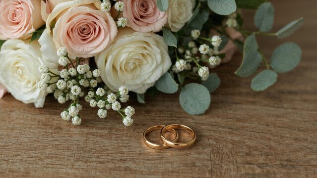A bouquet of pink and white roses with baby's breath and eucalyptus, paired with two wedding rings on a wooden surface.