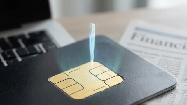innovation driven efficiency model concept. Digital security concept with a SIM card and shield graphic on a laptop.