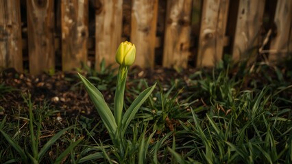 A yellow tulip blooming among green leaves, in a garden with a wooden fence in the background. Nature and gardening, floral growth, outdoor scene. The concept of springtime and horticulture.