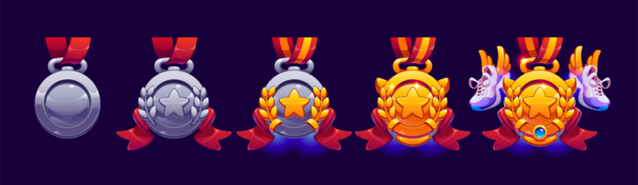 Athletics game rank badge, sport award. Vector set of cartoon game reward medals with stars, ribbons, laurels and running shoes. Silver and gold achievement ui icons for player competition ranking
