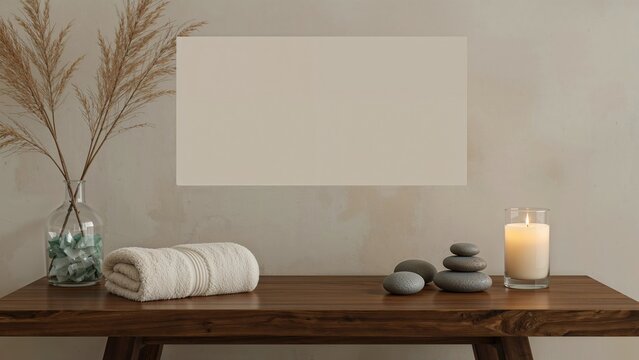 A minimalist spa-like setup with a towel, decorative stones, a lit candle, and dried foliage in a transparent glass vase on a wooden surface. - Powered by Adobe