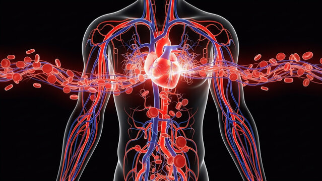 3D Illustration of Human Cardiovascular System with Glowing Heart and Blood Vessels Circulation Anatomy
