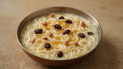 Boiled noodles with nuts and raisins in a stainless steel bowl, served on a wooden surface.