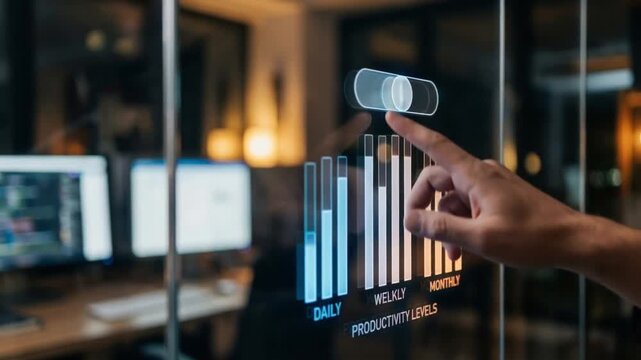innovation driven efficiency model concept. Interactive productivity display with a hand touching the screen.