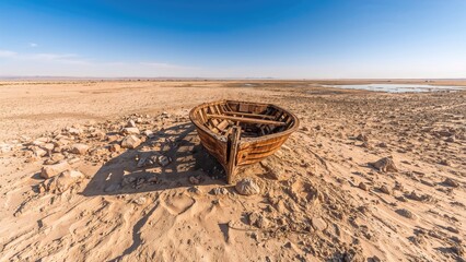 Abandoned boat on a sandy beach with a vast, flat landscape and clear blue sky.