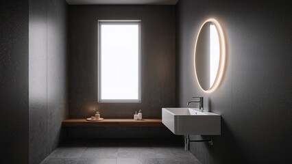 A modern bathroom with a window, a floating bench, a rectangular mirror with backlighting, a white sink, and minimal decor.
