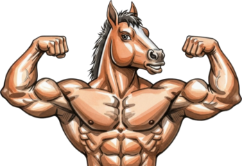 Muscular horse flexing its muscles in a bodybuilding pose isolated on transparent background