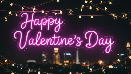 Neon Valentine Day Sign Illuminated with Heart Lights for Romantic Celebration