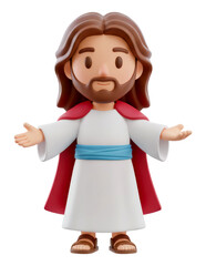 3d Cartoon Jesus Christ Standing With Open Arms wearing red cloak and blue sash while smiling to show love and mercy for christian religion or bible story concept.