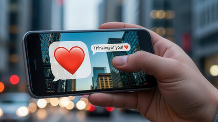Hand Holding Smartphone Displaying Valentine Day Message with Heart Emoji