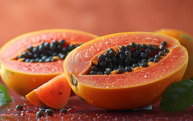 Halved ripe papayas with seeds and slice on surface wet