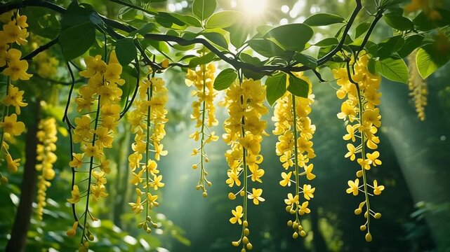 Cascading Yellow Flowers of a Golden Chain Tree in Soft Sunlight and Greenery cascading flowers laburnum