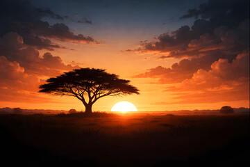Large solitary tree at sunset in vast grassy plain with orange sky and scattered clouds