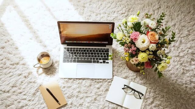 Laptop on a shaggy rug with flowers and office supplies