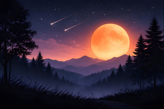 Large orange moon rising over forested mountains with shooting stars in night sky - Powered by Adobe