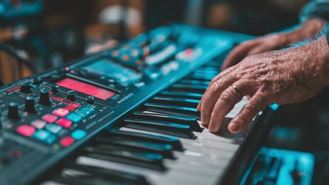 Closeup of expert tuning an electric organ keyboard focusing on digital controls and sound tweaking in a modern studio environment.