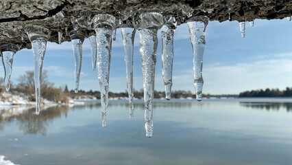 Icicles hanging from a rock over a calm river in winter with snow-covered banks and a blue sky.
