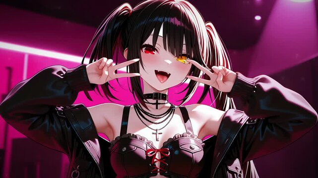 Anime-style illustration of a gothic female character with twin tails, vibrant pink lighting, expressive pose, modern anime art, cyberpunk atmosphere
