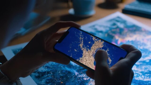 Close medium shot of a person scanning a printed photo with a smartphone to trigger immersive digital content in a hybrid reality setup.