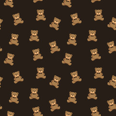 Cute brown teddy bear seamless pattern with black bow ties on dark background