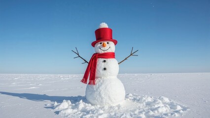 Obraz premium Snowman with red hat and scarf in winter landscape under clear blue sky.