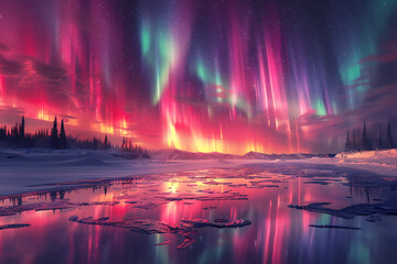 Colorful aurora borealis over a frozen landscape view