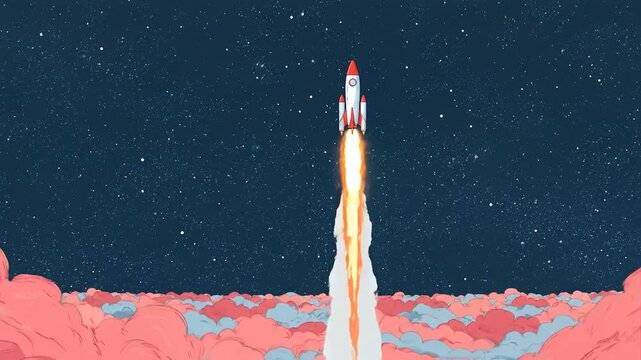 Red rocket taking off into sky above fluffy white clouds. Space travel journey. Start up business idea and development concept. Art illustration.