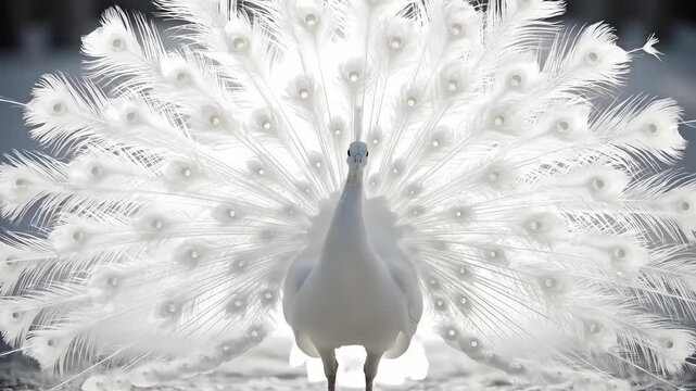 White Albino Peacock Spreading Feathers Display