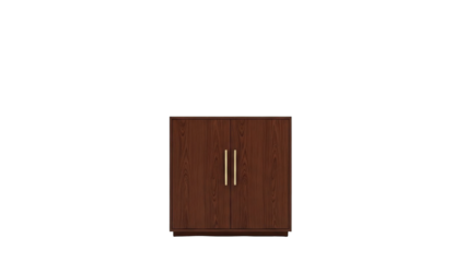 Modern wooden cabinet with brass handles on white background
