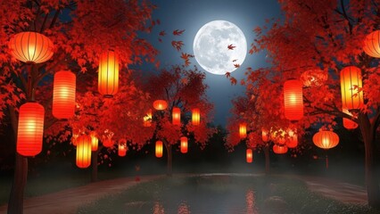 Serene night scene with red lanterns and full moon