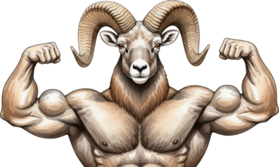 Muscular man with ram head showing off muscles isolated on transparent background