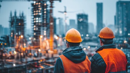 construction workers standing together on a busy construction site, wearing hard hats and safety vests.