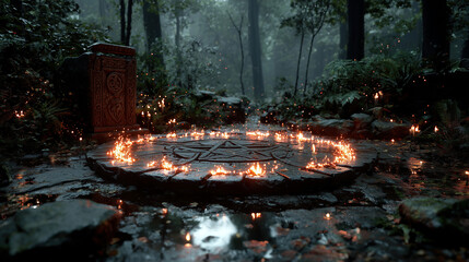 Exploring Slavic pagan rituals in a mystical forest with sacred symbols and vibrant, flickering flames at dusk