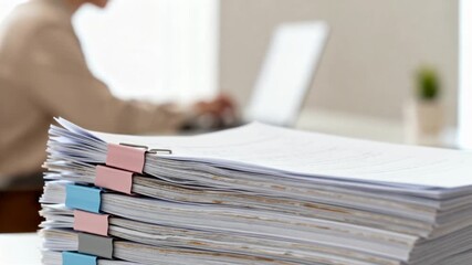 Stack of paperwork and documents on office desk with office worker working in background representing administrative workload and bureaucracy.