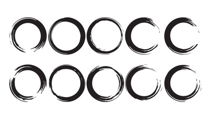 Grunge circle frames featuring hand drawn rough brush textures and ink splash effects. Minimalist round borders for logos, labels, banners, prints, and branding. Zen-inspired vector set..eps