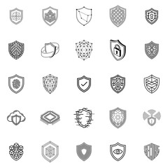 Cyber Security Shield Icon Set Data Protection and Network Safety Outline Vector Illustration