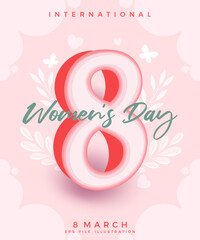 March 8 Women's Day poster or banner in 3d style on pink background